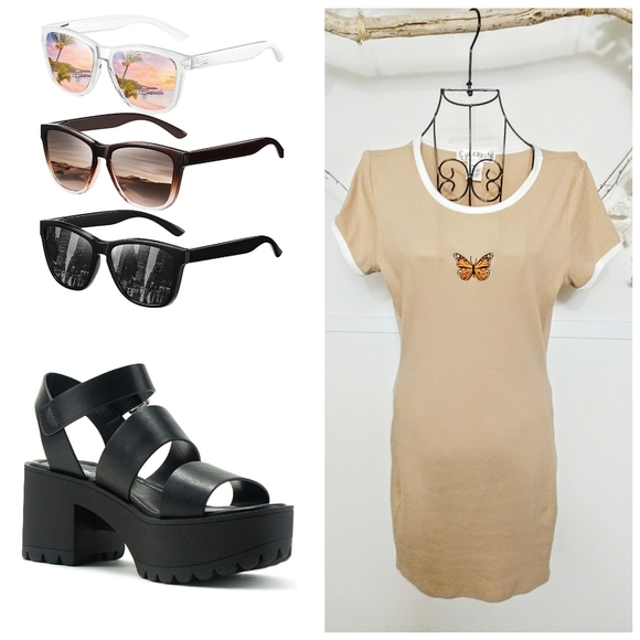 Vintage Y2K ::90s Cut and Paste Baby Tee Ribbed Knit Butterfly Mini Dress Size S - Picture 3 of 7